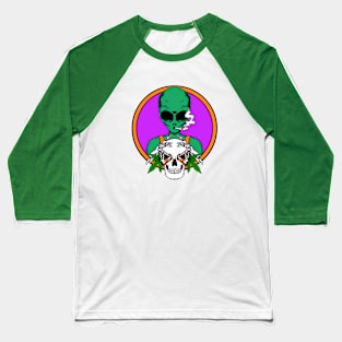 Alien Smoking Joint | Skull and Marijuana Leaves | Weed Culture Design Baseball T-Shirt